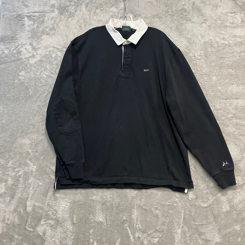 J. Crew Rugby Shirt Mens XL Black Long Sleeve Elbow Patch Nautical Preppy